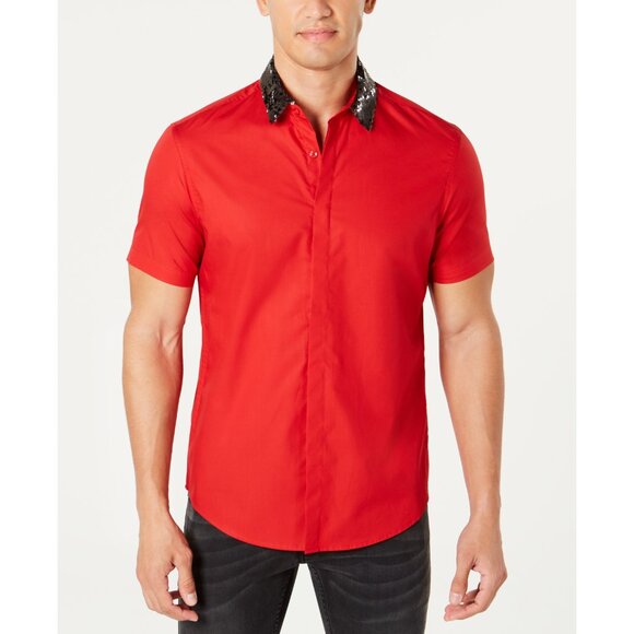 NWT Mens Size XL INC International Concepts Sequin Collar Short Sleeve Woven Top - Picture 2 of 4